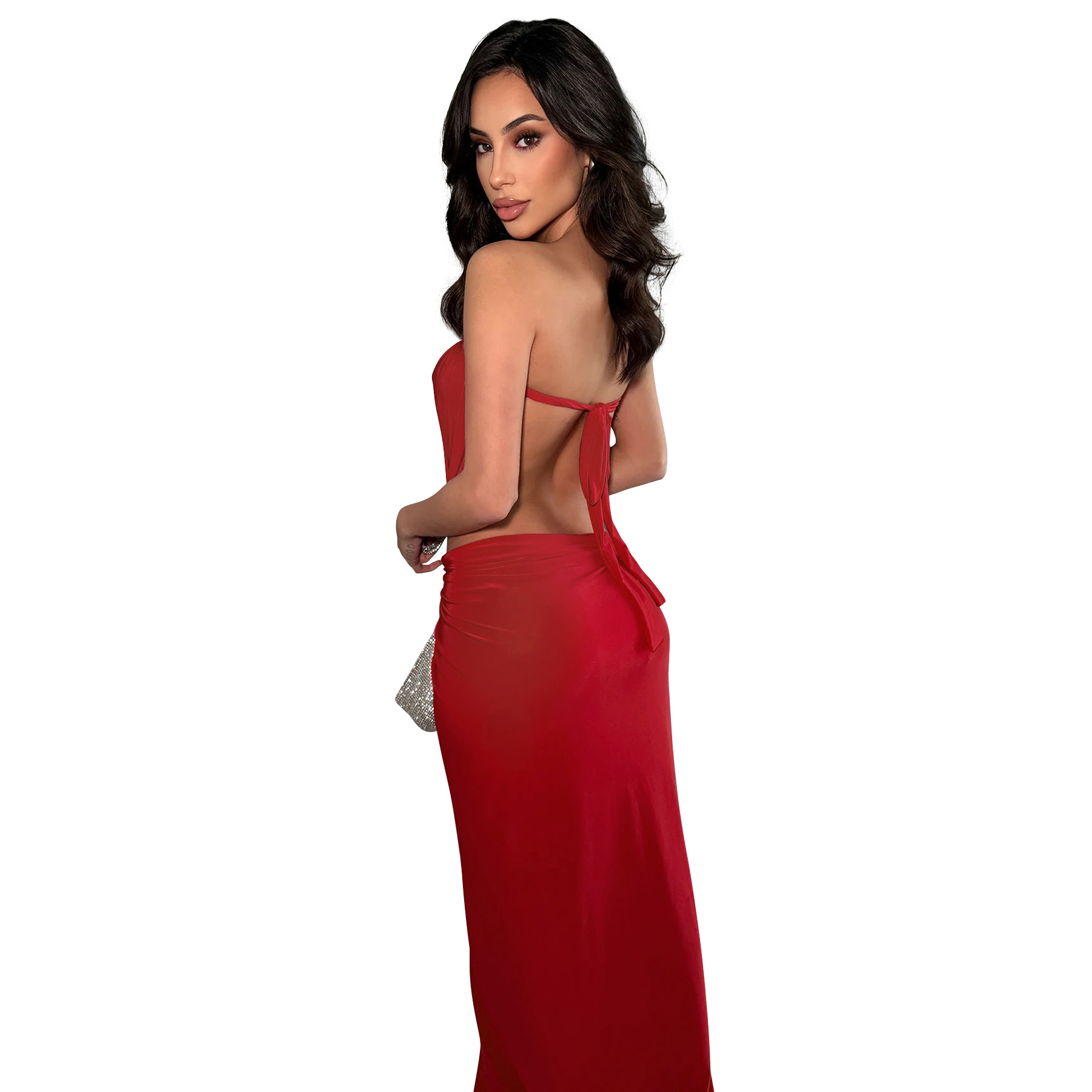 Solid Backless Strapless Slit Dress for Evening Events