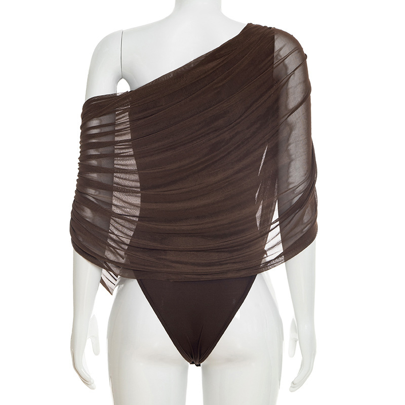 Off-Shoulder Mesh Ruched Bodysuit for Summer Casual