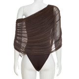 Women Summer Casual Off Shoulder Sleeveless Mesh Ruched Bodysuit