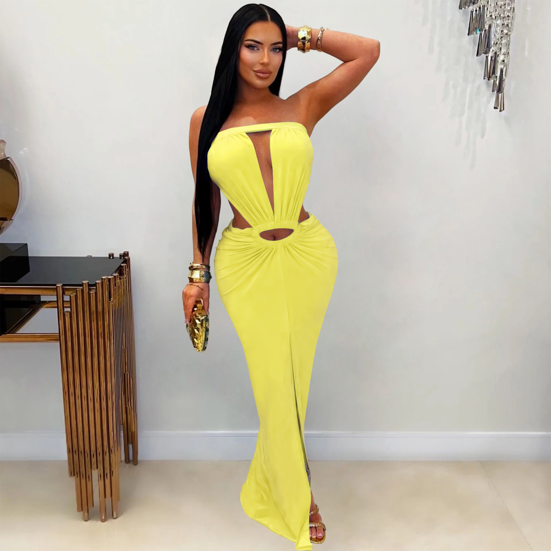 Solid Backless Strapless Slit Dress for Evening Events