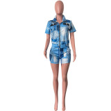 Women Summer Houndstooth Casual Print Zip Top & Shorts Two-Piece Set