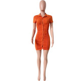 Women Sexy Ruched Shirt Collar Pleated Dress
