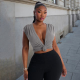 Women Spring & Summer V-Neck Knot Front Sleeveless Crop Top T-Shirt