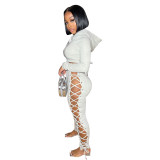 Women Autumn & Winter Lace-Up Sexy Hollow Out Hoodies & Pant Two-Piece Set