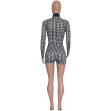 Women Sexy Houndstooth Long Sleeve Romper