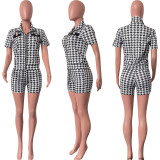 Women Summer Houndstooth Casual Print Zip Top & Shorts Two-Piece Set