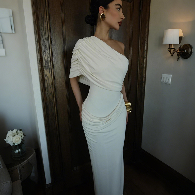 Slash Shoulder Asymmetric Dress for Spring Elegant Events