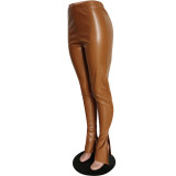 Women Slit Sexy Bell Bottom PU Leather Pants