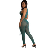 Women Summer Sexy Mesh Ruched Hollow Out See-Through Top & Pant Two-Piece Set