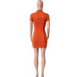 Women Sexy Ruched Shirt Collar Pleated Dress