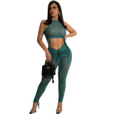 Women Summer Sexy Mesh Ruched Hollow Out See-Through Top & Pant Two-Piece Set