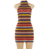 Women Spring & Summer Sexy Backless Halter Neck Lace-Up Color Block Bodycon Dress
