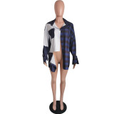 Women Plaid Patchwork Top Casual Irregular Shirt