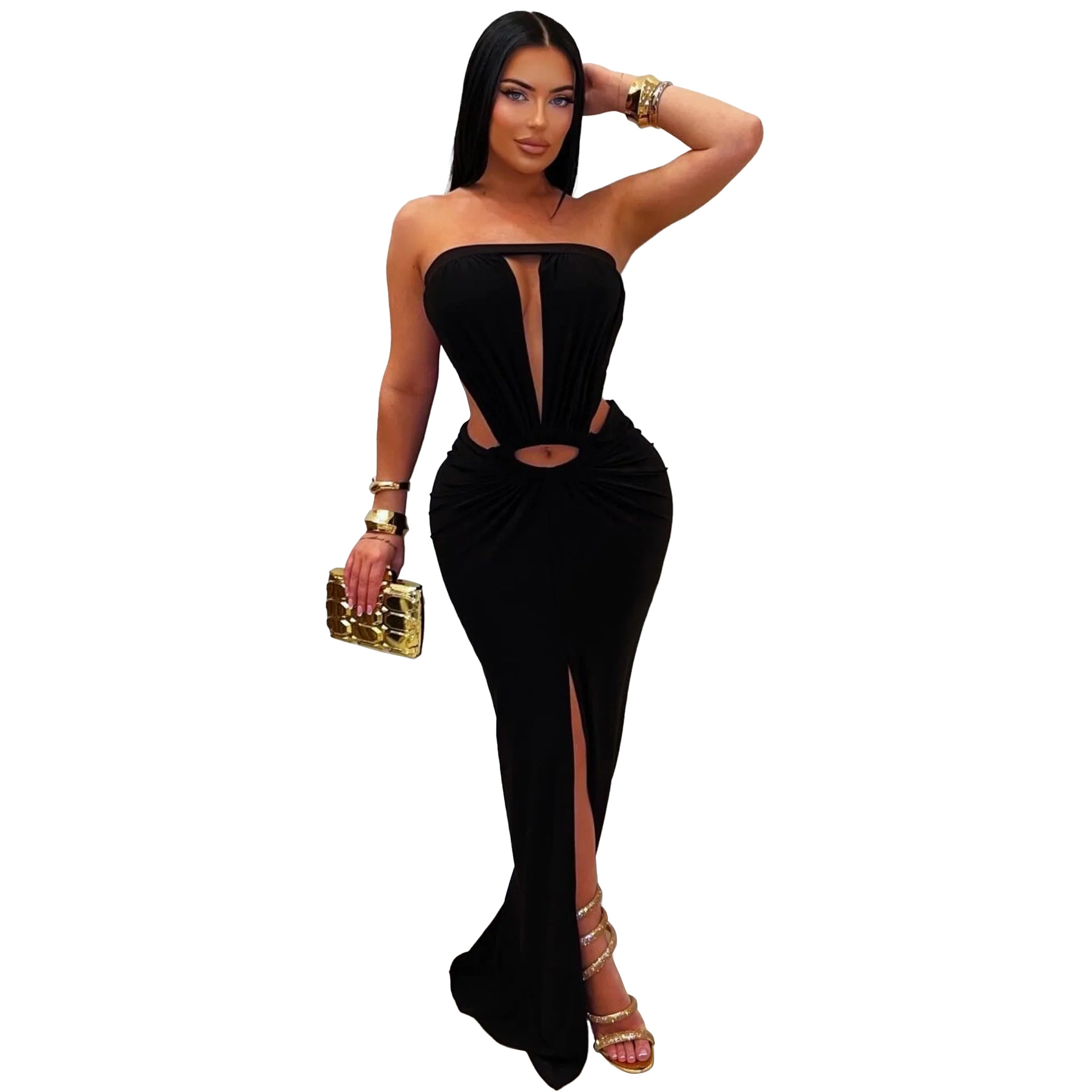 Solid Backless Strapless Slit Dress for Evening Events