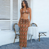 Women Spring Sexy Halter Neck Lace-Up Hollow Out Beaded Chain Dress