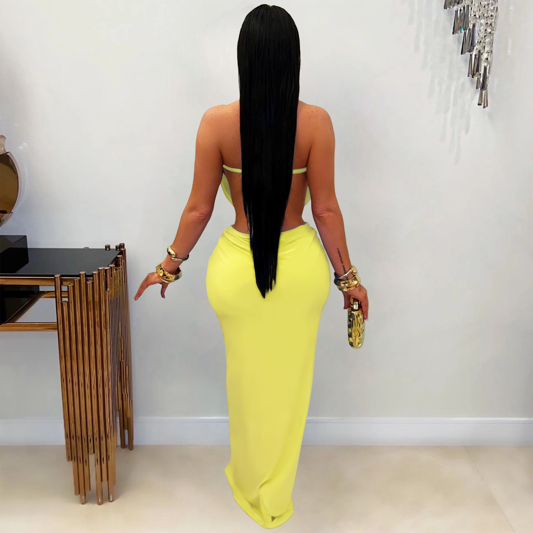 Solid Backless Strapless Slit Dress for Evening Events