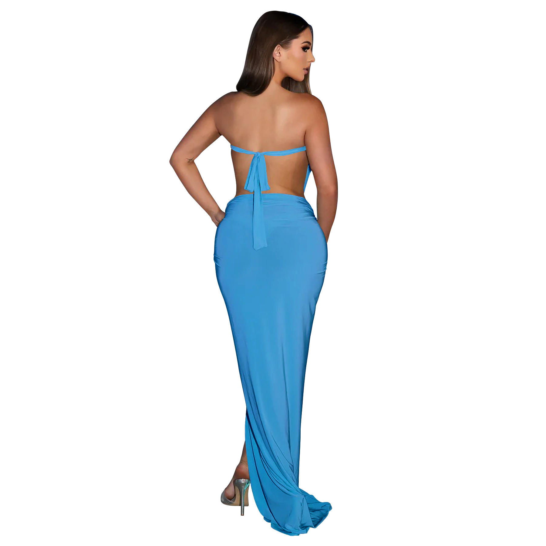 Solid Backless Strapless Slit Dress for Evening Events