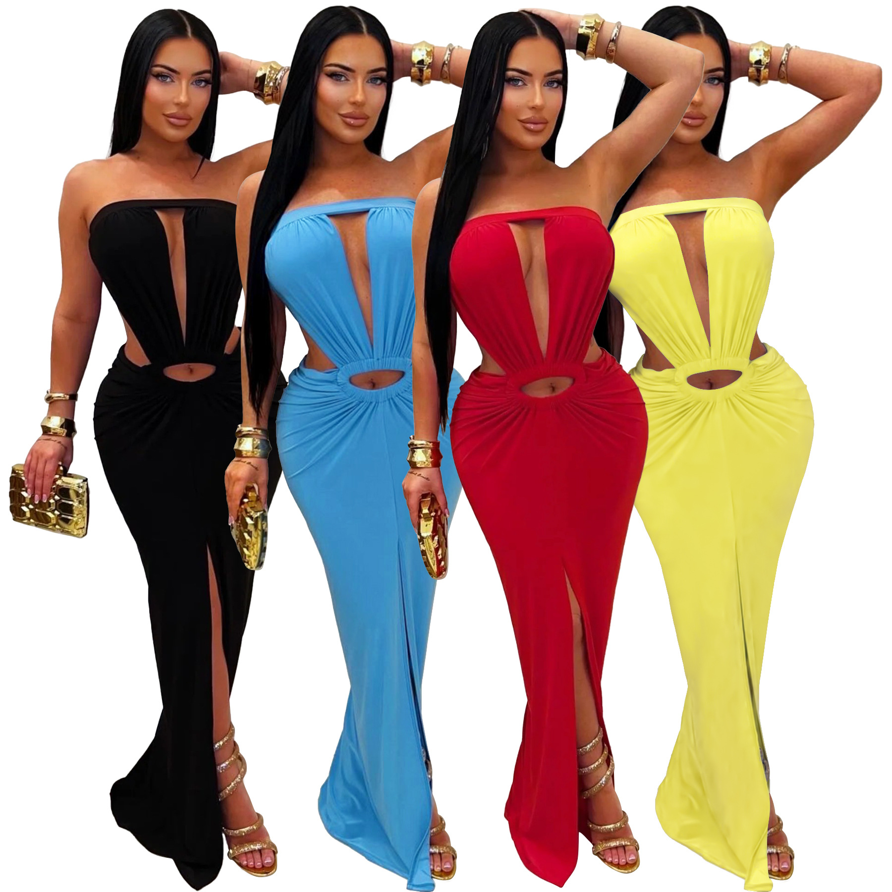 Solid Backless Strapless Slit Dress for Evening Events