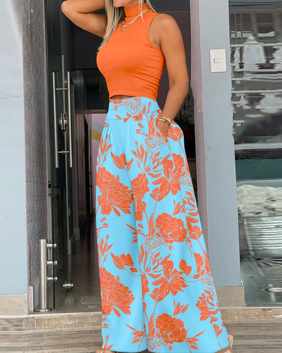 Round Neck Sleeveless Top & Printed Pants Two-Piece Set
