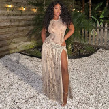 Women Spring & Summer Sexy Print Bodysuit & Side Slit Skirt Two-Piece Set