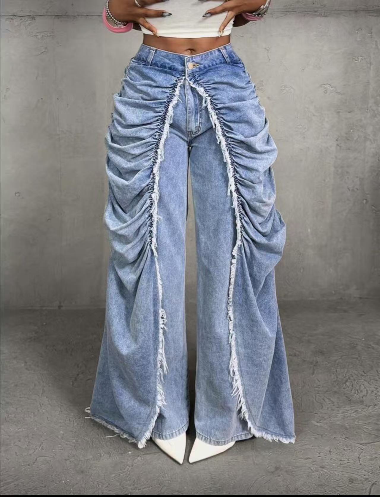Faux Two-Piece Ruched Frayed Denim Pants for Streetwear
