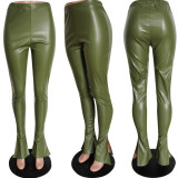 Women Slit Sexy Bell Bottom PU Leather Pants
