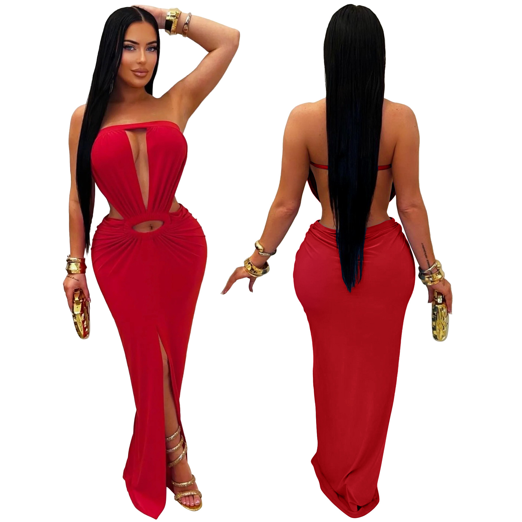 Solid Backless Strapless Slit Dress for Evening Events