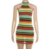 Women Spring & Summer Sexy Backless Halter Neck Lace-Up Color Block Bodycon Dress