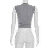 Women Spring & Summer V-Neck Knot Front Sleeveless Crop Top T-Shirt