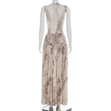 Women Spring & Summer Sexy Print Bodysuit & Side Slit Skirt Two-Piece Set
