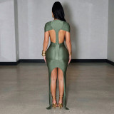 Women Spring & Summer Hollow Out Ribbon Round Neck Dress