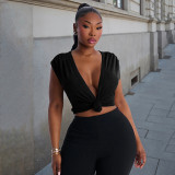Women Spring & Summer V-Neck Knot Front Sleeveless Crop Top T-Shirt