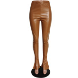 Women Slit Sexy Bell Bottom PU Leather Pants