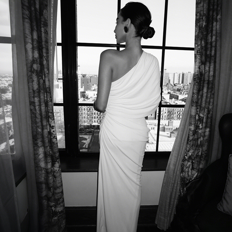 Slash Shoulder Asymmetric Dress for Spring Elegant Events
