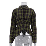Women Plaid Turndown Collar Long Sleeve Irregular Shirt