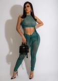 Women Summer Sexy Mesh Ruched Hollow Out See-Through Top & Pant Two-Piece Set