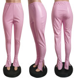 Women Slit Sexy Bell Bottom PU Leather Pants