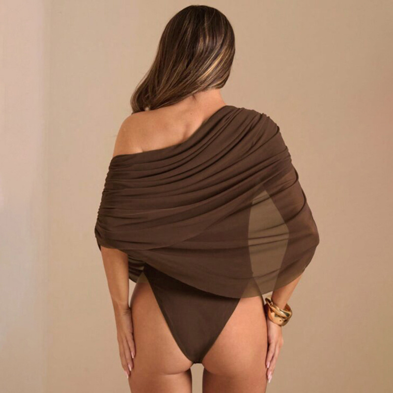 Off-Shoulder Mesh Ruched Bodysuit for Summer Casual