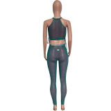 Women Summer Sexy Mesh Ruched Hollow Out See-Through Top & Pant Two-Piece Set