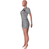 Women Summer Houndstooth Casual Print Zip Top & Shorts Two-Piece Set