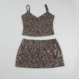 Women American Style Sexy Leopard Print Sequin Slip Top & Skirt Two-Piece Set