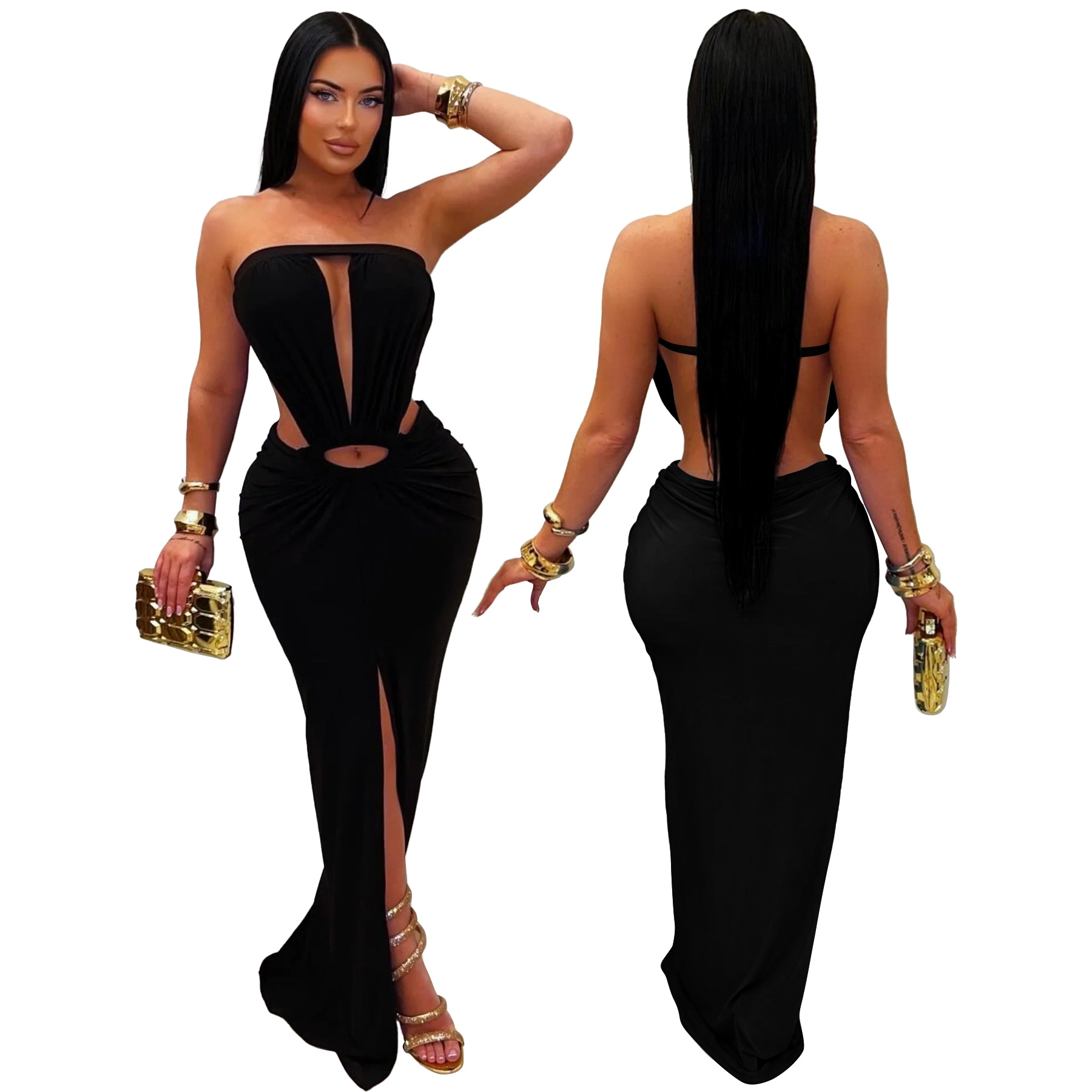 Solid Backless Strapless Slit Dress for Evening Events