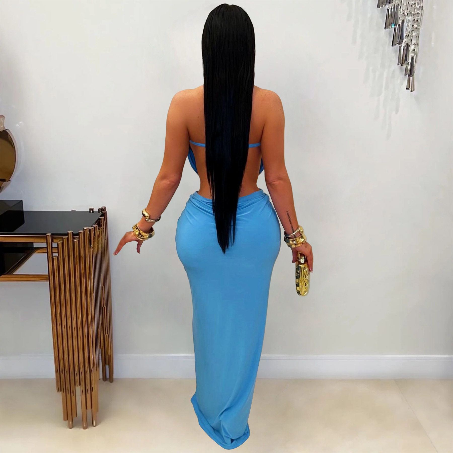 Solid Backless Strapless Slit Dress for Evening Events
