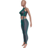 Women Summer Sexy Mesh Ruched Hollow Out See-Through Top & Pant Two-Piece Set