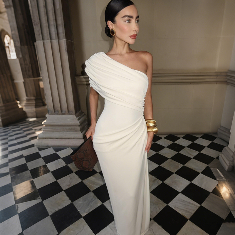 Slash Shoulder Asymmetric Dress for Spring Elegant Events