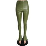 Women Slit Sexy Bell Bottom PU Leather Pants