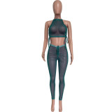 Women Summer Sexy Mesh Ruched Hollow Out See-Through Top & Pant Two-Piece Set