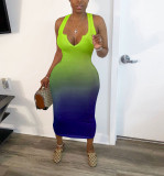 Women Sexy V-Neck Gradient Color Elegant Dress