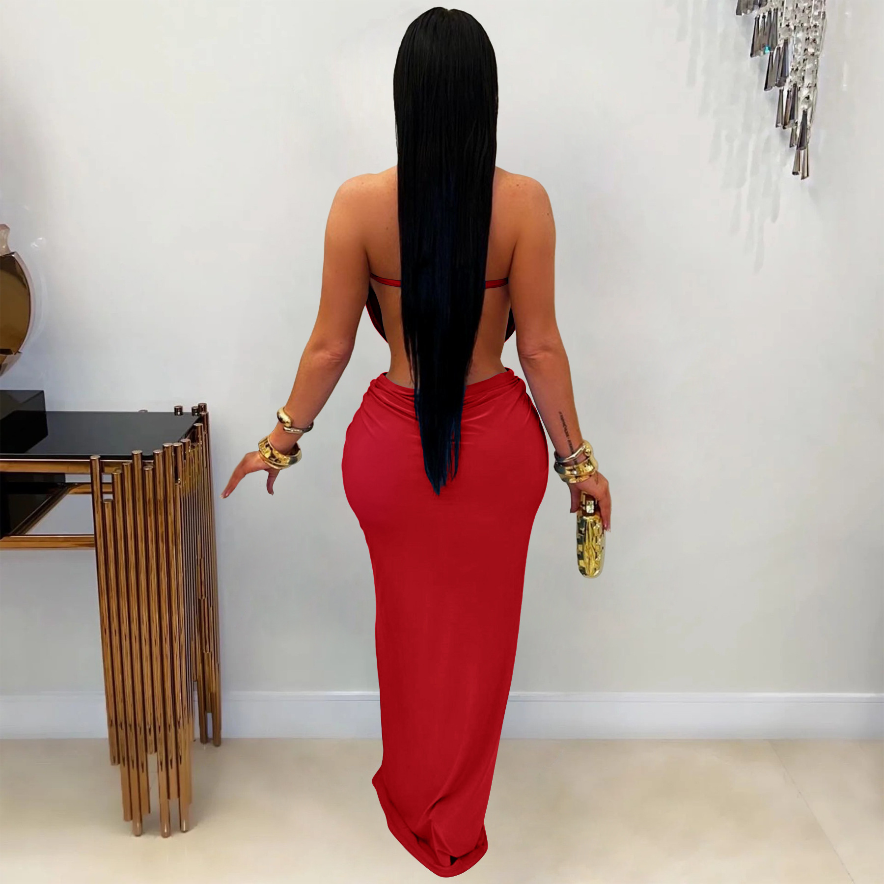 Solid Backless Strapless Slit Dress for Evening Events