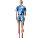 Women Summer Houndstooth Casual Print Zip Top & Shorts Two-Piece Set